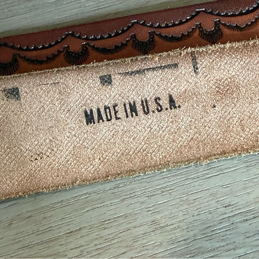 Western Tooled Brown Leather Cowboy Belt Size 45 Made In USA Scrollwork